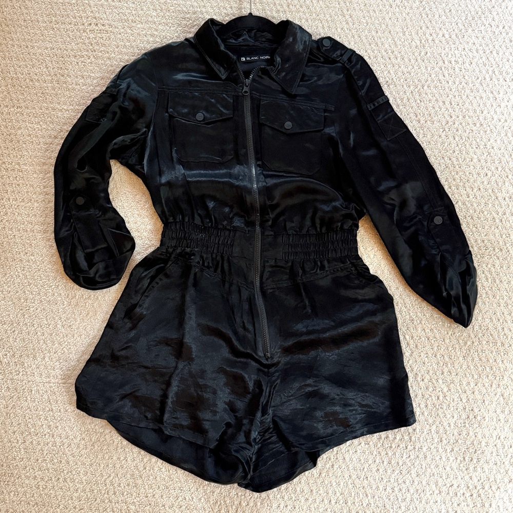 Blanc Noir Shiny Romper Zip Up with Elastic Waist Small